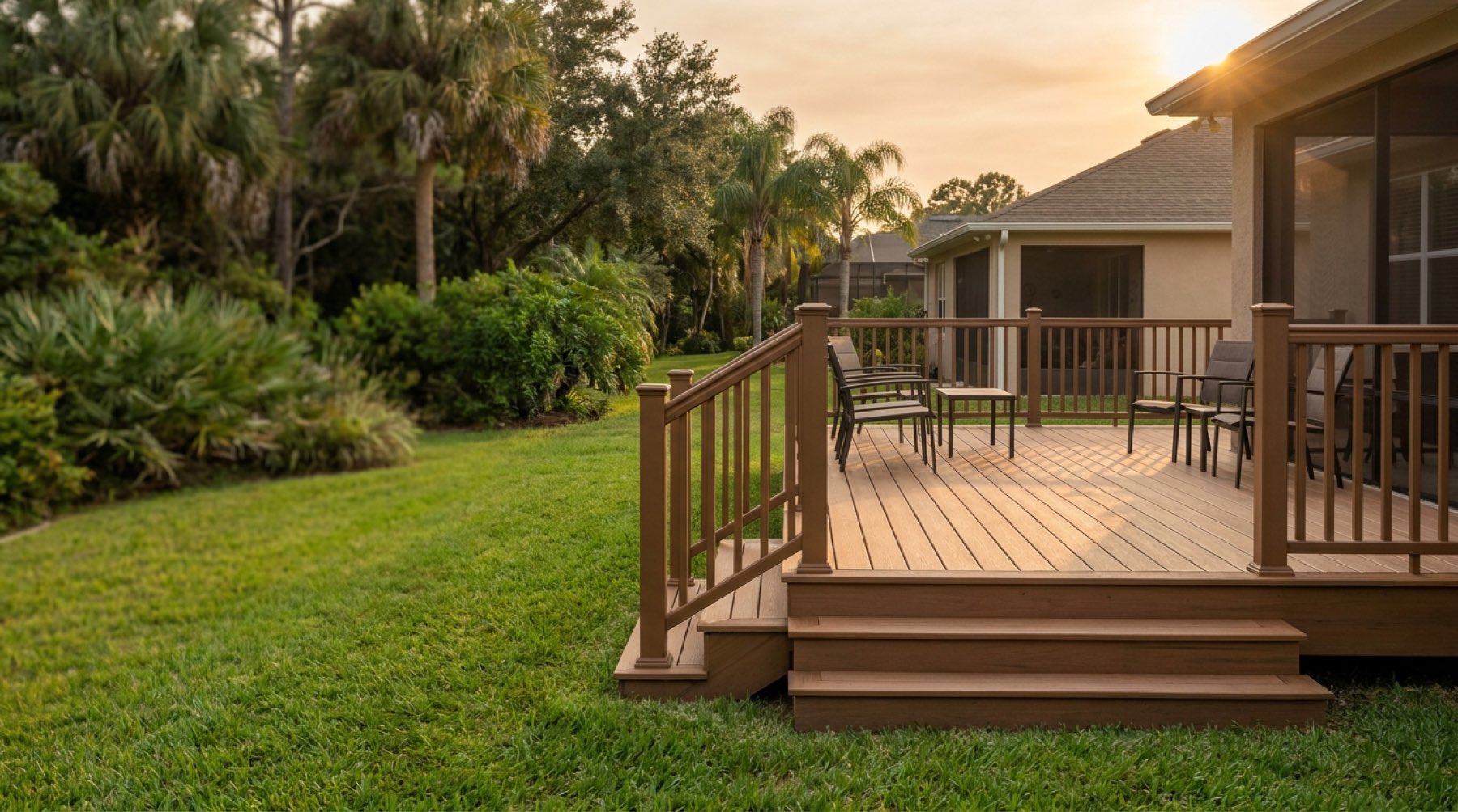 Finished composite deck behind a Florida home in late afternoon light, with railing and steps down to the lawn