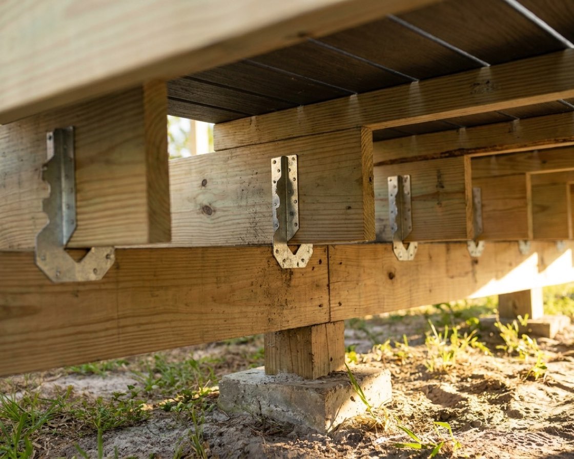 Deck framing under construction: pressure-treated joists on galvanised hangers, a post-to-beam connection and a concrete footing, with the first composite boards laid across the top